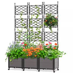 SLSY 63"H Planter Box Raised Garden Bed with Trellis&Wheels Standing Planter Box