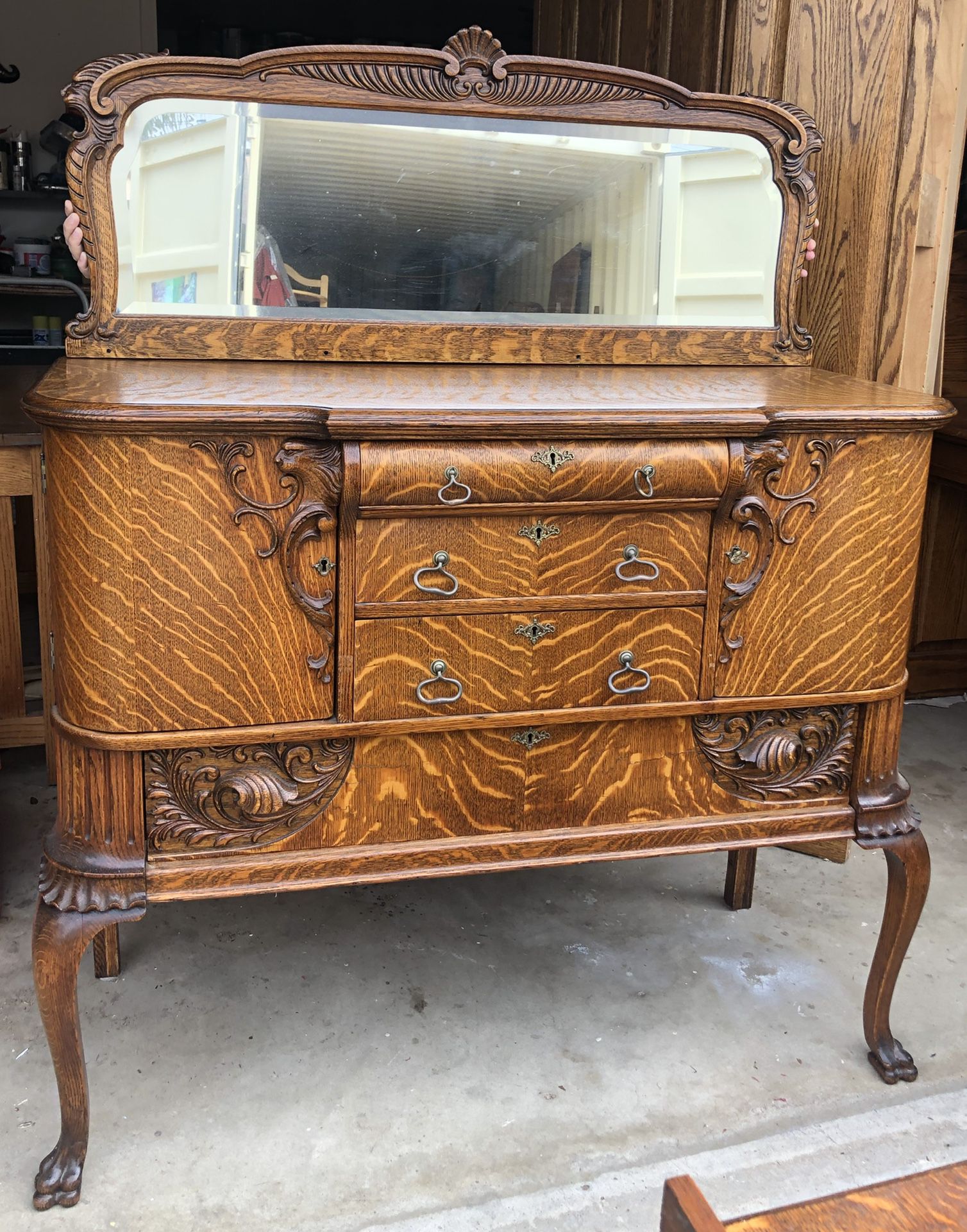 Gorgeous Antique over 100+ year old Tiger Sawed Solid Oak Wood Buffet