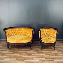 Set of Antique Victorian Empire Style Mahogany Loveseat & Arm Chair, c.1920’s - Delivery Available