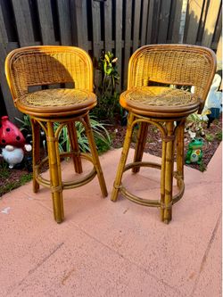 Boho Bamboo Rattan Swivel Bar Stools, Pair of Vintage Coastal Chic Rattan Bar Stools, Set of 2