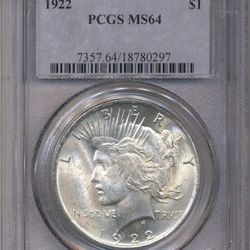 PCGS 1922/64/silver peace dollar with natural tone on each side