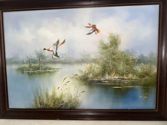 Large Original Oil on Canvas Mallard Duck Marsh Painting - Signed E. Mak - 24x36 Framed Wildlife Art