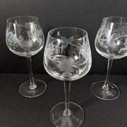 Three Matching Etched Crystal Wine Stems