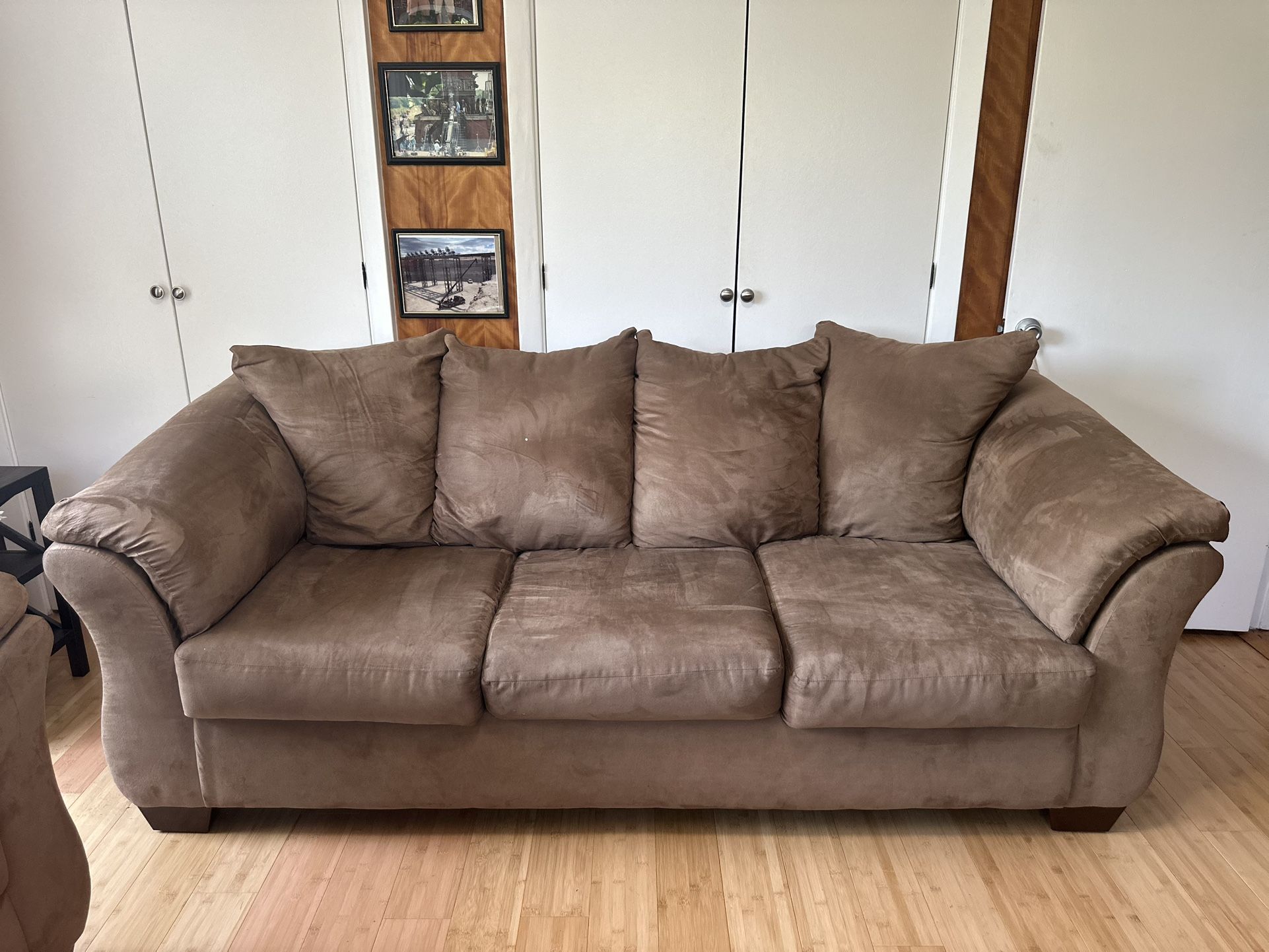 Faux suede couch and loveseat