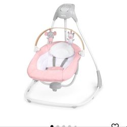 Ingenuity Simple Comfort Compact Baby Swing, Rotating Seat Swings in 3 Directions, 6 Speeds, 8 Melodies & 3 Nature Sounds, Ages 0-9 Months, Up to 20 P