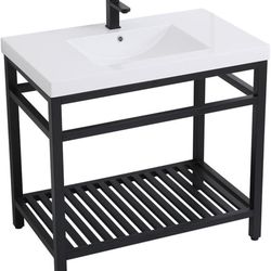 Simply Living 36” Single Resin Top Black Metal Bathroom Vanity New