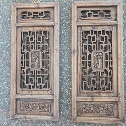 Hand Carved Chinese Wood Shutters Pannels Wall Art Hangings With Brass Mounnts PAIR