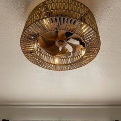 (3) boho rattan-style lighting and ceiling fan combination fixtures