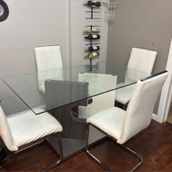Glass Top Dining Table with 4 White Chairs