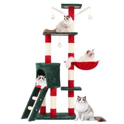 55" Cat Tree for Indoor Cats, Sturdy Cat Tower for Cats 20 lbs+, Multi-Level Climbing Tower with Scratching Posts, Ladder, Condo, Top Perch and Hangin