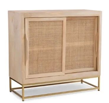 Powell Janie Rattan Cabinet with Sliding Doors, Natural Wood with Gold Legs ASSEMBLED