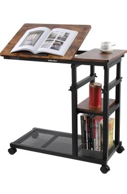 C Table Height Adjustable with Wheels, 31.5" Mobile Couch Table with Tiltable Drawing Board, Laptop Stand Desk Side Table with Storage Shelves