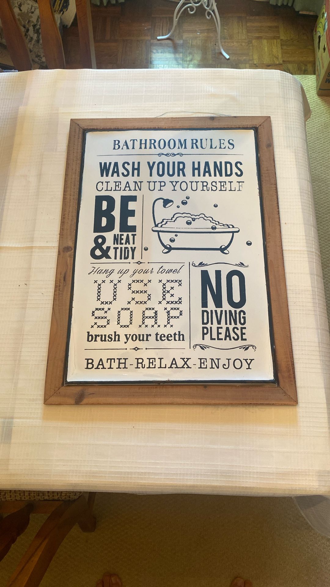 24x17” Framed Metal Funny Bathroom Rules Sign- Compare @$40