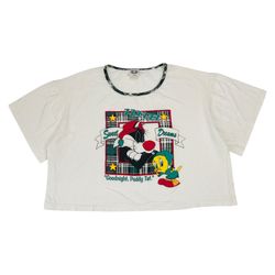 Looney Tunes Cropped Shirt Womens Large L White Tweety Bird Sylvester Vintage
