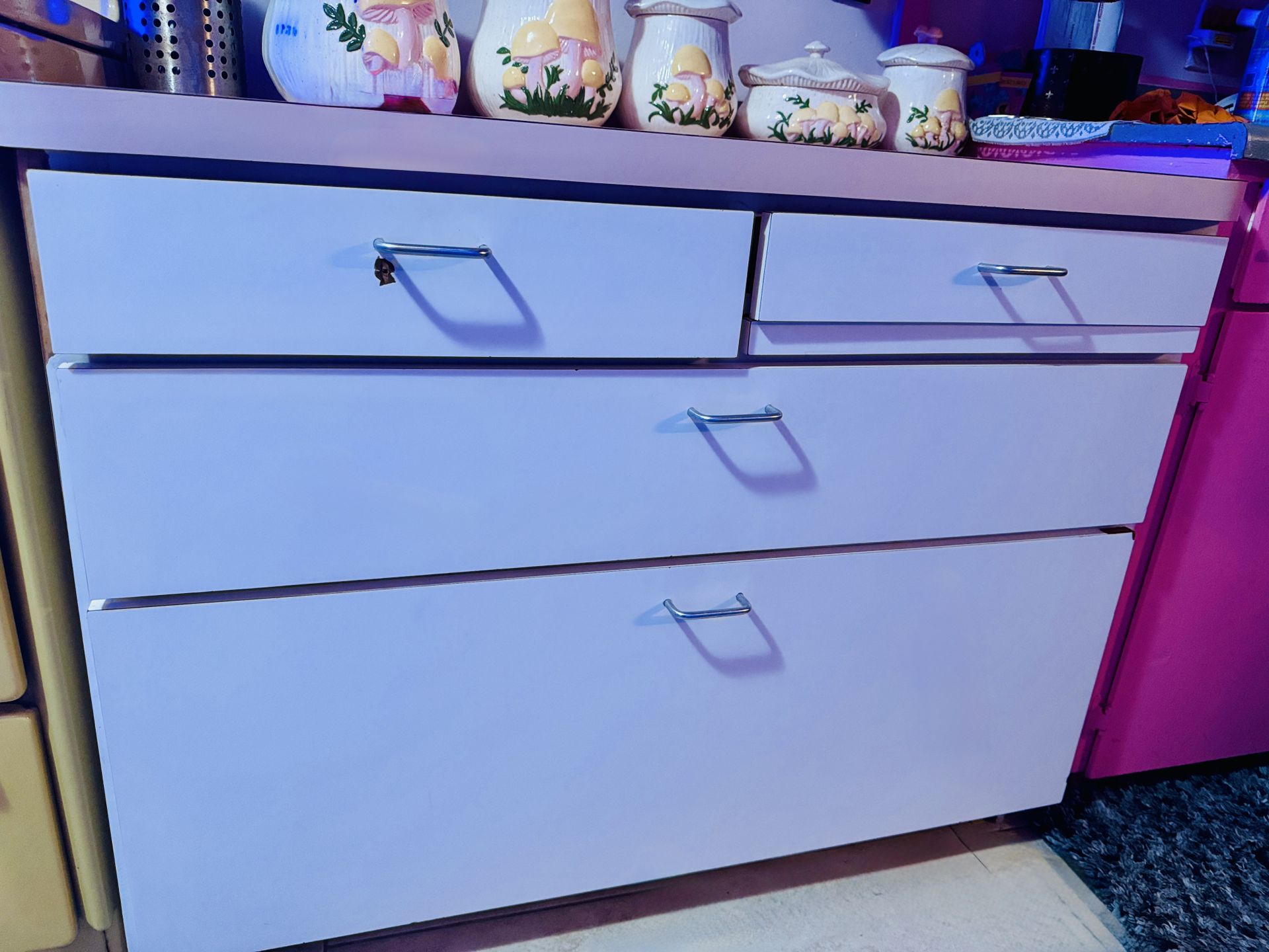 VTG MCM 2 Piece Pink & White Formica Buffett & Matching 5 Drawer Cabinet & Pink Refrigerator