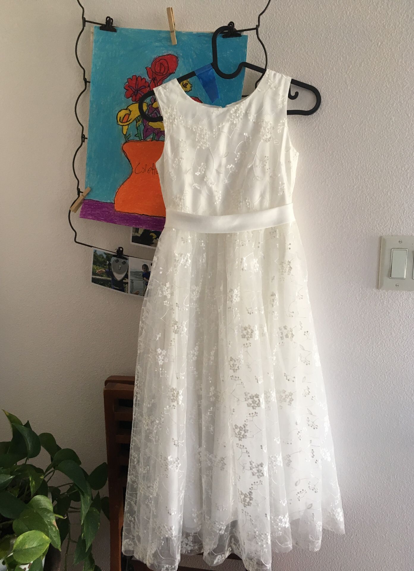A line wedding pageant lace flower girl dress with belt size 8 ivory colored