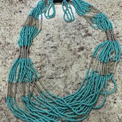 602-NWT Southwestern Silver & Turquoise Paparazzi  Beaded Necklace /Earrings 24"