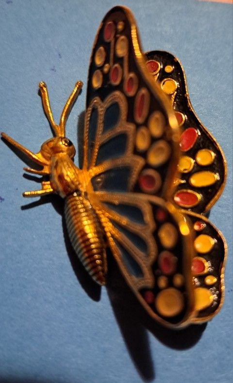 Antique Butterfly Pin.  Blue, Yellow, Red On Enamel On Gold Plated1.5 Inches