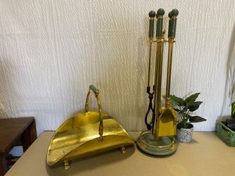 Vintage Gold Toned Fireplace Set with Marble Accents