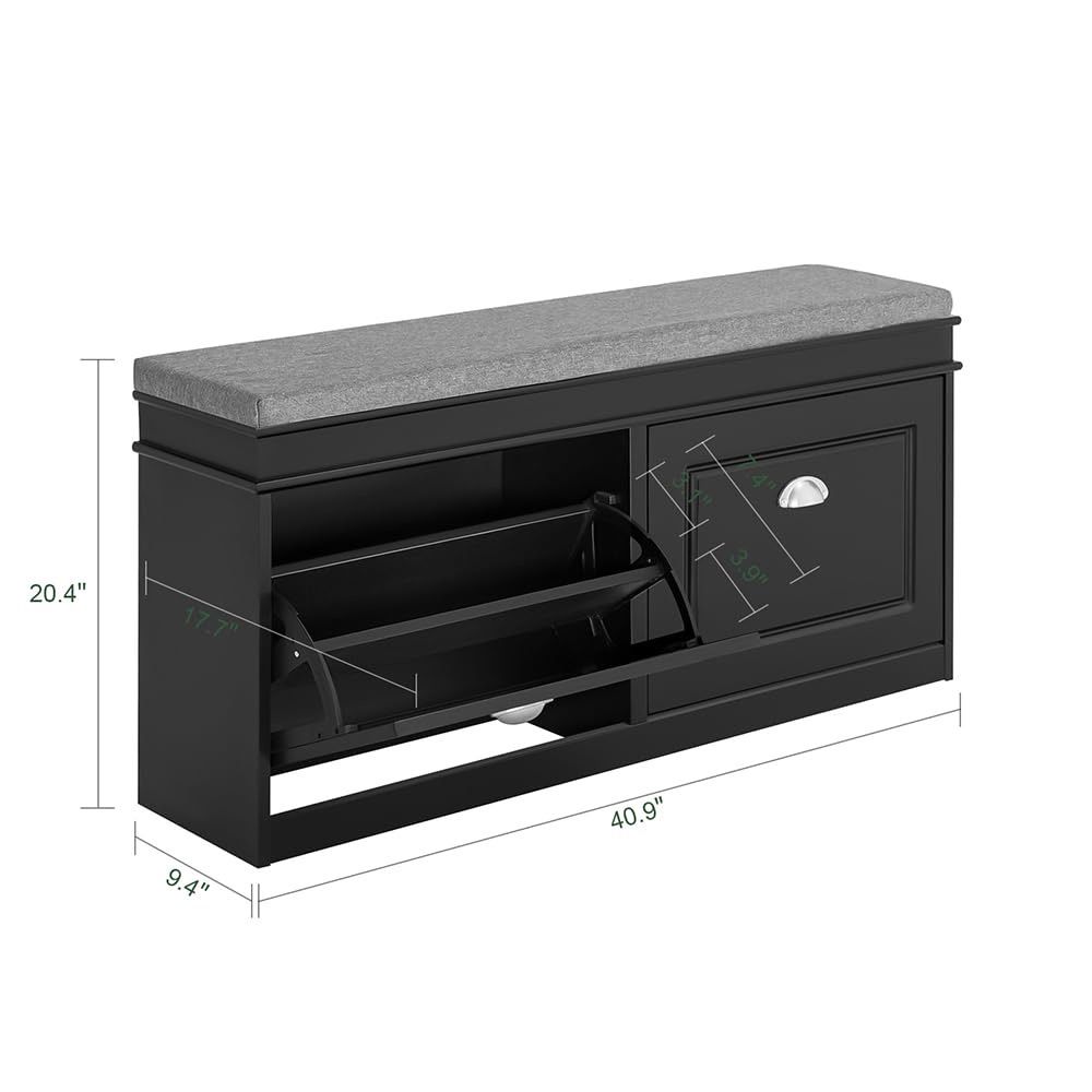 SoBuy Black Storage Shoe Bench with Flip Drawers, Hidden Shoe
