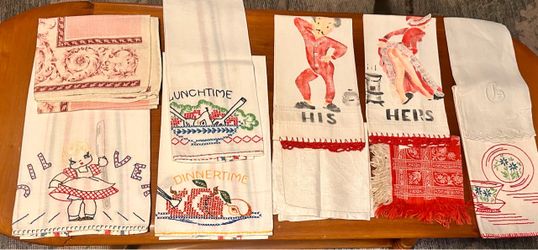 Hand Embroidered Linens - Vintage 10pc Red And Pink Lot