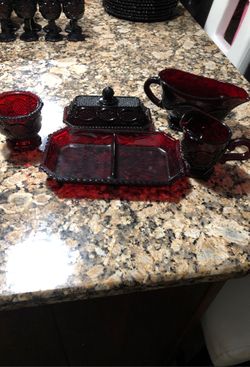 Avon’s cape cod butter dish, gravy float, creamer, sugar bowl, and relish dish