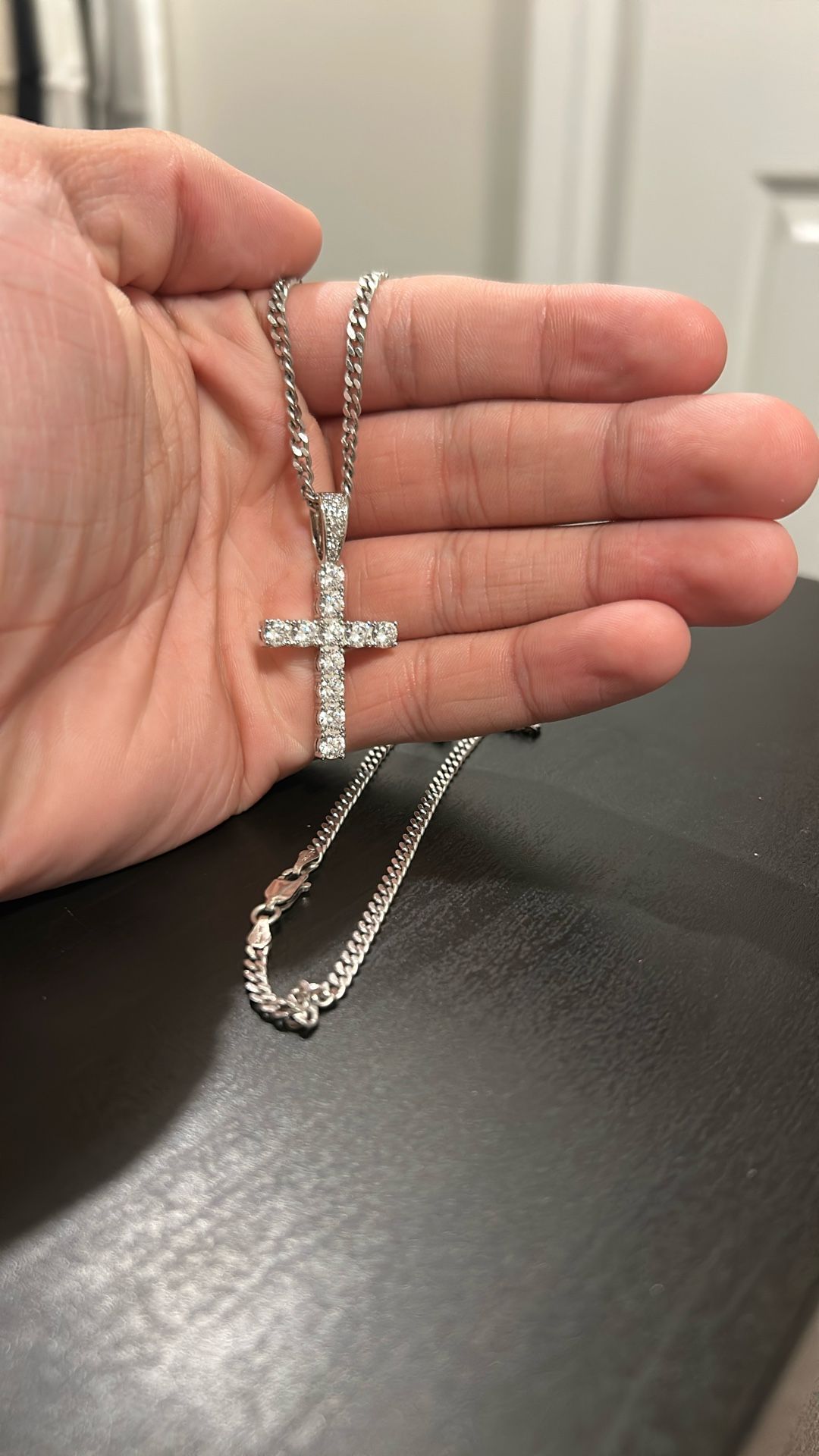 14k White Gold Plated Diamond Cross Necklace