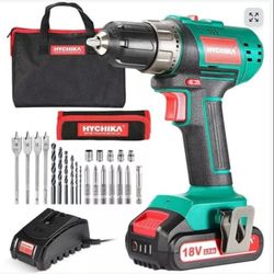Hychika Cordless Drill Driver Set with 2000mAh Battery, 1500RPM, 20V/18V.