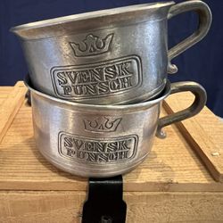 Swedish Pewter Vintage “Scandia  Svensk Punsch” Cup Barware Set with Wooden Case