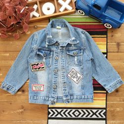 4T-5T GENDER NEUTRAL 'TO COOL FOR HELL TOO HOT FOR HEAVEN' DENIM PATCHES JEAN JACKET