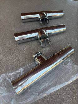 Three (3) Stainless Steel Polished Clamp-On Fishing Rod Holders
