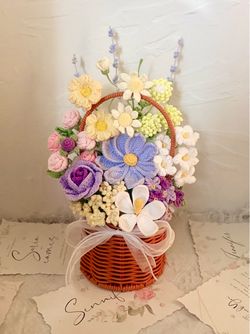 Pastel Garden Crochet Flower Basket（height -15 inches x width 5 inches)
