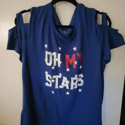Blue "Oh My Stars" patriotic t-shirt with a cold-shoulder design. Size XL