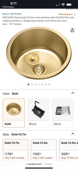 Kitchen Sink, Round Gold Stainless Steel