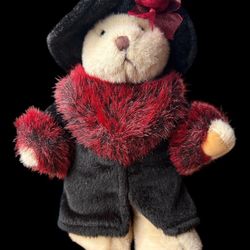 Adorable Russ Berrie vintage 90s black and red teddy bear with faux fur coat 