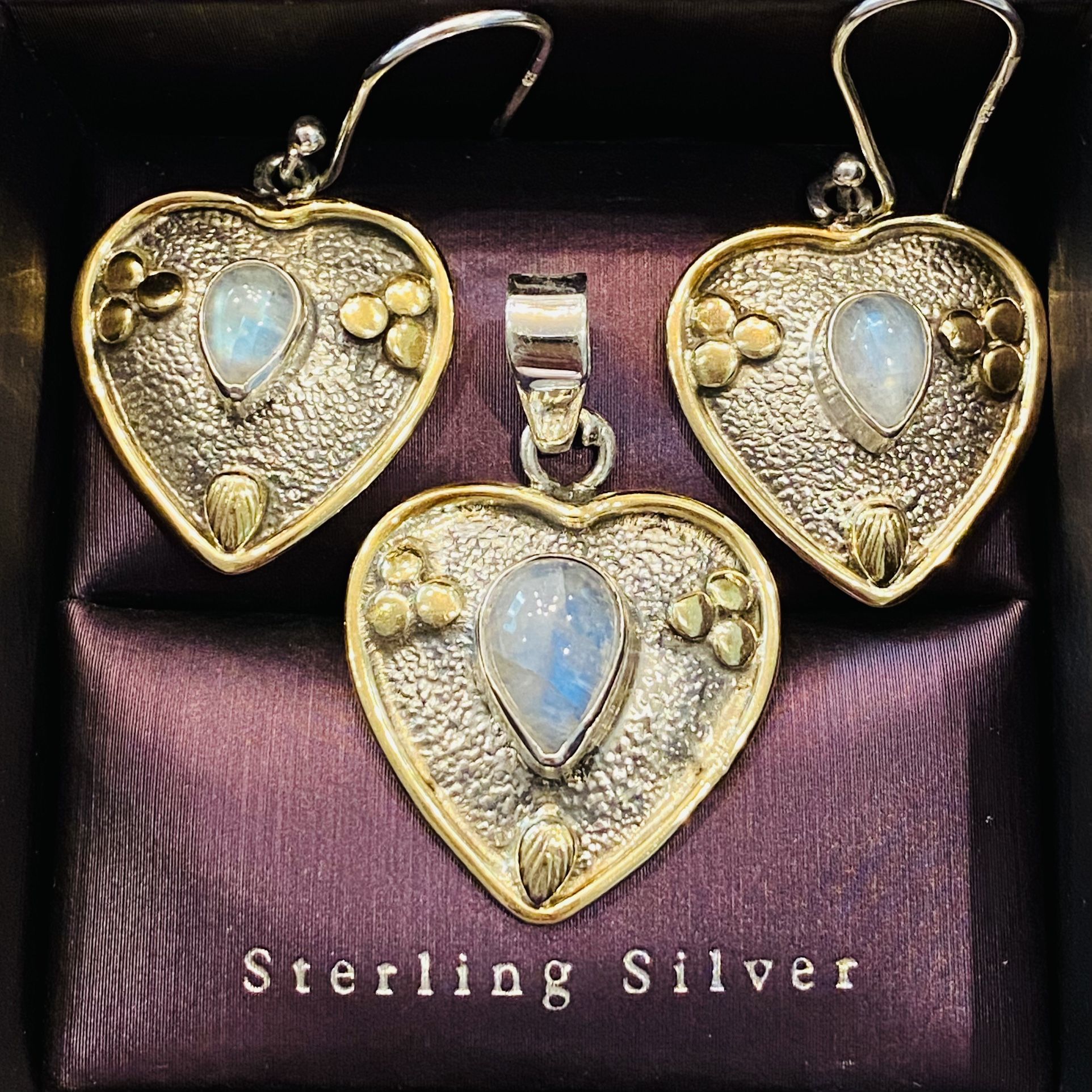 Solid 925 Sterling Silver 6.48cts Rainbow Moonstone Two Tone Heart 2pcs Set