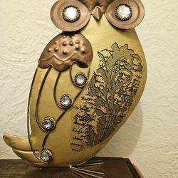 Brass Metal Gold Colored Owl Sculpture Figurine With Diamond Rhinestones Details