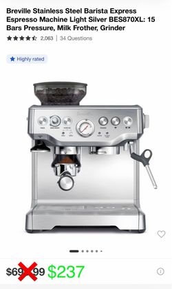 Breville Stainless Steel Barista Express Espresso Machine Light Silver BES870XL: 15 Bars Pressure, Milk Frother, Grinder