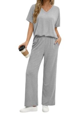Everyday V-Neck, Wide Leg Pant Lounge Set in Gray - Relaxed Fit - 2XL