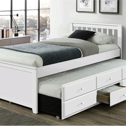 Twin Size Bed Frame With Trundle And 3 drawers color espresso or white