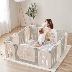 Fortella Cloud Castle Foldable Playpen, Baby Safety Play Yard with Writing Whiteboard and Activity Wall, Pack and Play for Toddlers 1-3, Indoors or Ou