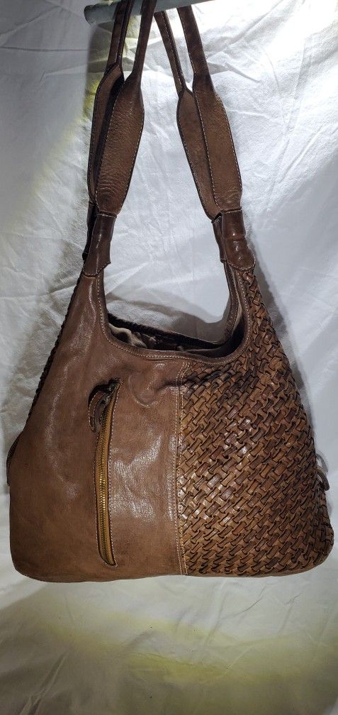 Langellotti Distressed Italian Woven Brown Leather Triple Entry Shoulder Handbag