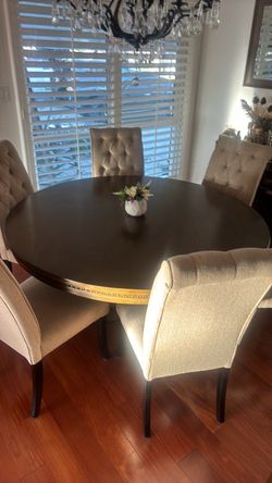 Stanley Round Dining Table + 6 Upholstered Chairs