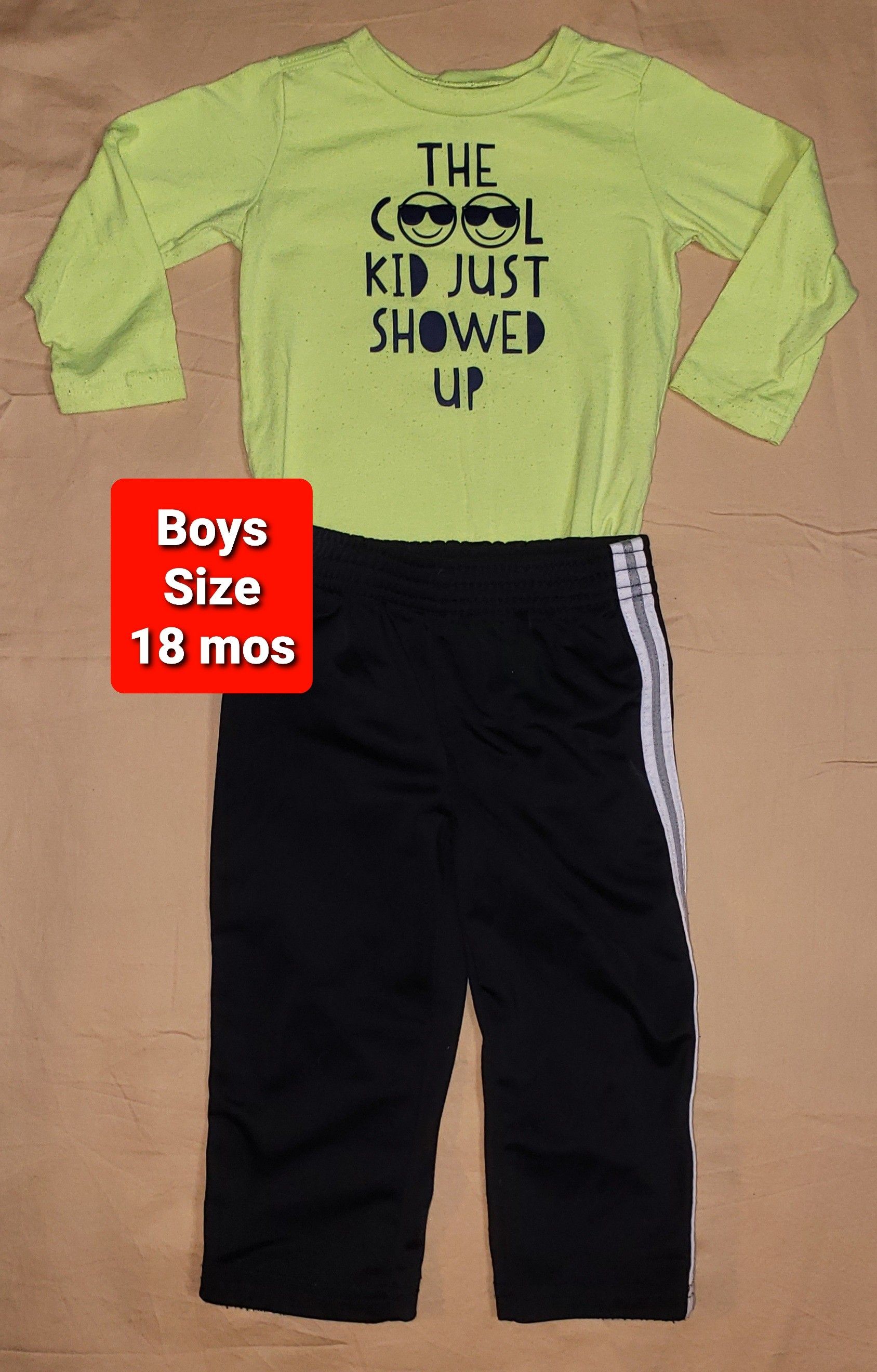 Boys size 18 months clothes Neon The Cool Kid Just Showed Up Onesie with Black Stripe Pants (#539)