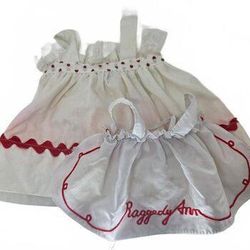 Vintage Raggedy Ann Doll Clothing Set White Dress & Embroidered Apron Pinafore