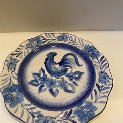Blue & white Rooster ceramic French Country/ Farmhouse decor plate. . 9 Inch. . Scalloped edge.