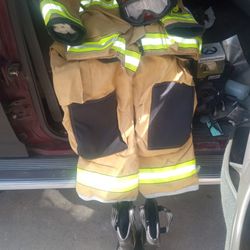Firefighters Gear Pants, Jacket, Boots And Helmet