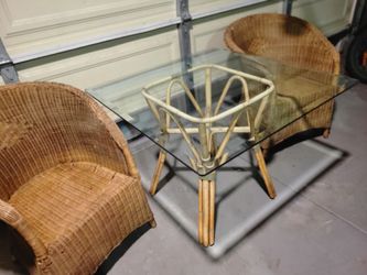 VINTAGE BAMBOO SQUARE TEMPERED GLASS TABLE & TWO WOVEN RATTAN  AND WICKER  BARREL ARM CHAIR