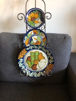 Set of 3 beautiful talavera plates from Mexico with an iron hanger