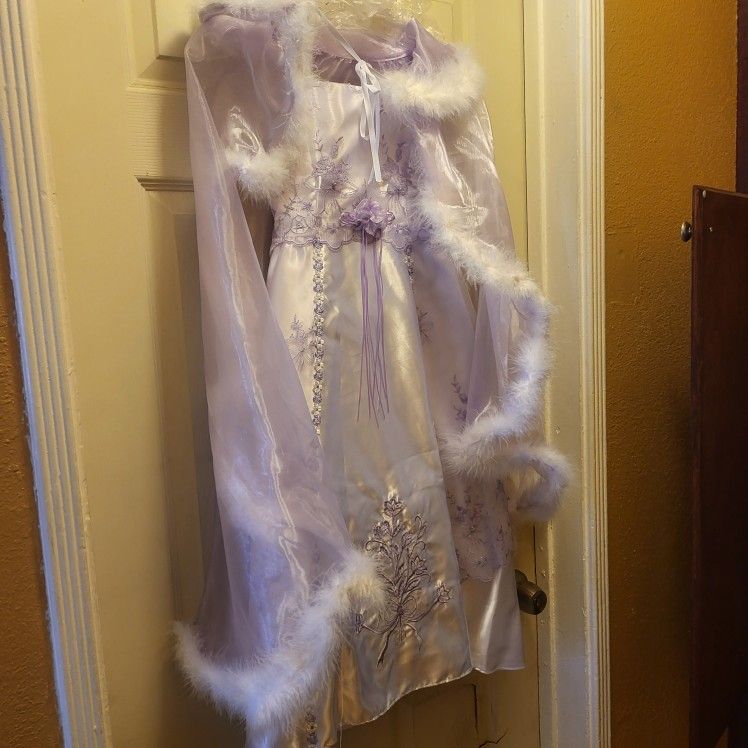 Girls White Purple Lace Fur Dress Size 5